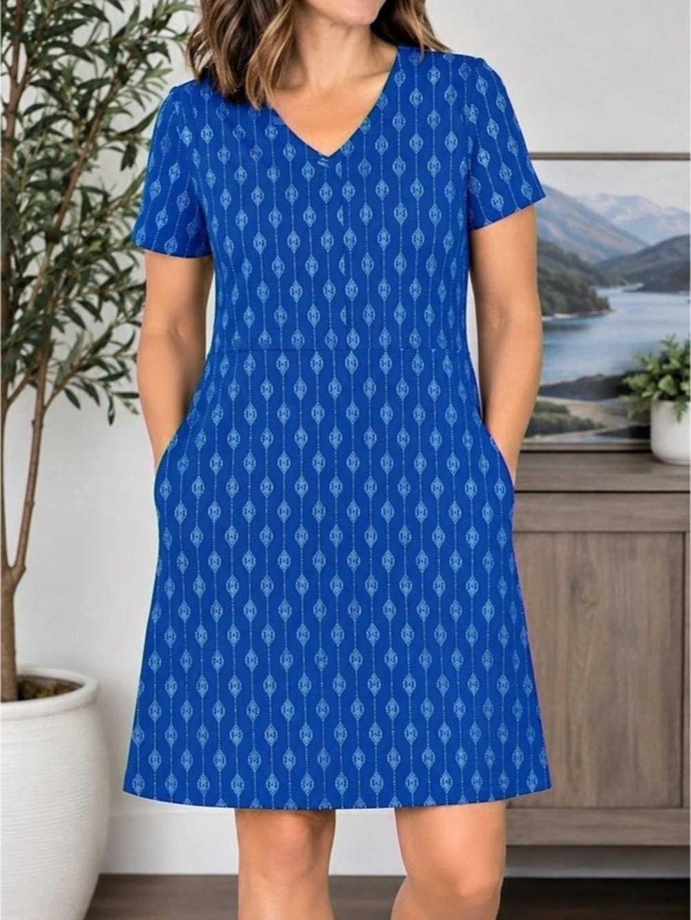 Duluth Trading Co. NoGA Naturale Cotton Dress Blue Geometric Print Sz M